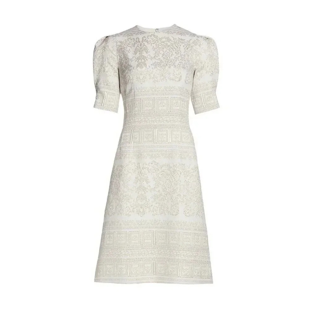 Teri Jon Rickie Freeman Midi Dress 4 Metallic Embroidered Puff Sleeve Event Gala - Picture 2 of 13